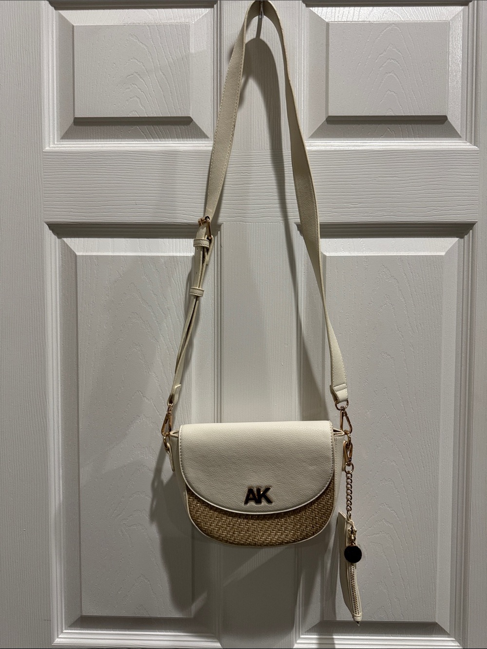 White Crossbody Straw-Trim Shoulder Bag